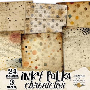 Peut inclure: Une collection de papiers numériques de style vintage avec un aspect vieilli et usé. Les papiers présentent des motifs à pois de différentes couleurs, ainsi que des écritures manuscrites et des taches d'aquarelle. Le texte "Inky Polka Chronicles" est affiché.