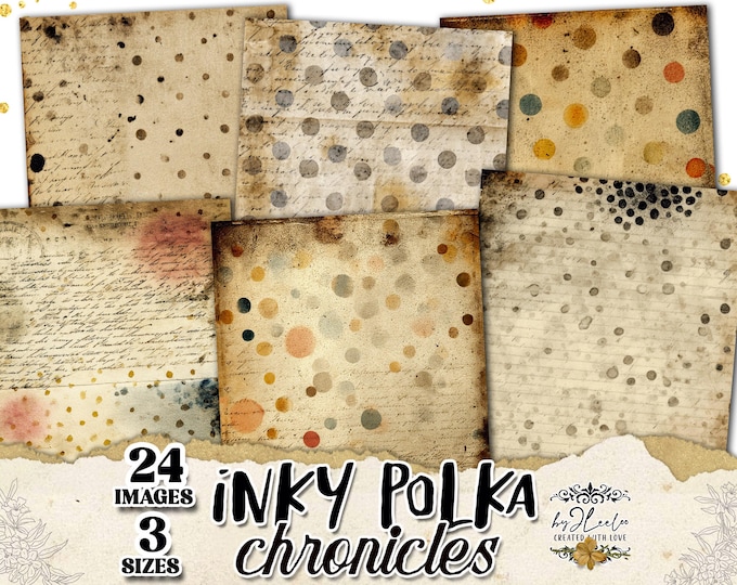 INKY POLKA CHRONICLES Vintage Papers with Dots & Script 24 Digital Collage Sheets in 3 Sizes – Junk Journal Scrapbook Ephemera | pp987