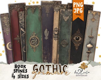 May include: A set of 7 digital book spine graphics in a gothic style with various symbols and designs. The graphics are in PNG and JPG format and come in 4 sizes. The text on the image reads "Gothic Grimoire" and "Book Spines 4 Sizes".