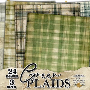 May include: A collection of green plaid digital papers in various shades, with a distressed, vintage aesthetic. The image includes the text "Green Plaids," "24 Images," and "3 Sizes."