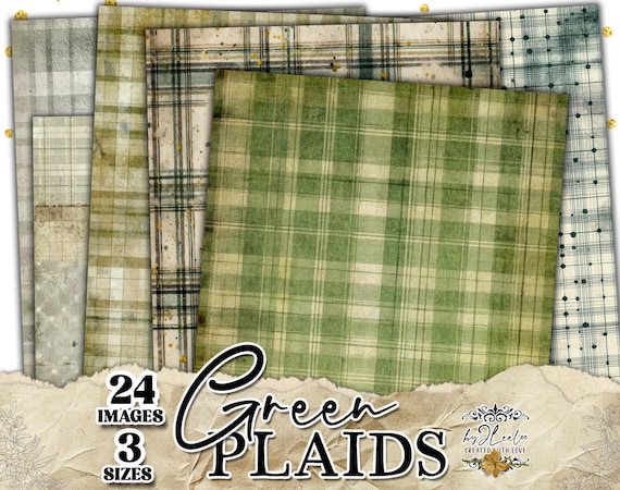 GREEN PLAIDS vintage neutral papers, mixed media soft green distressed backgrounds for junk journal & scrapbooking | printable CU | ppK23
