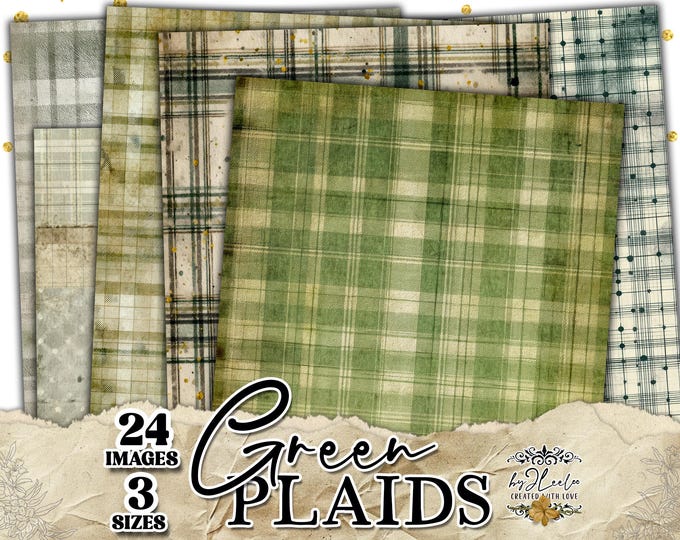 GREEN PLAIDS vintage neutral papers, mixed media soft green distressed backgrounds for junk journal & scrapbooking | printable CU | ppK23