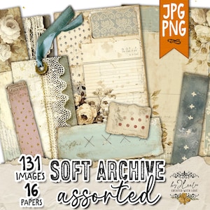 Könnte beinhalten: Eine Sammlung verschiedener Papiere und Ephemera im Vintage-Stil. Die Papiere weisen florale Muster, Spitze und gealterte Texturen in sanften Pastellfarben auf. Das Bild enthält den Text "131 Images, 16 Papers, Soft Archive Assorted."