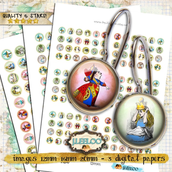 ALICE 12mm 16mm 20mm circle earring ring size digital collage sheet paper recolored chic digital images jewelry instant download tn414