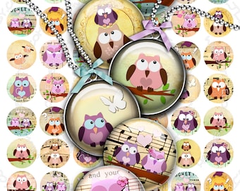THE OWL Digital collage 1 inch circles printable download for pendants bottle caps bezel findings cabochon setting trays magnets tn291