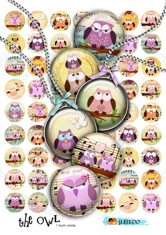 THE OWL Digital collage 1 inch circles printable download for pendants bottle caps bezel findings cabochon setting trays magnets tn291