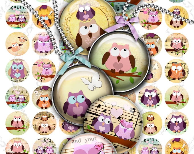 THE OWL Digital collage 1 inch circles printable download for pendants bottle caps bezel findings cabochon setting trays magnets tn291