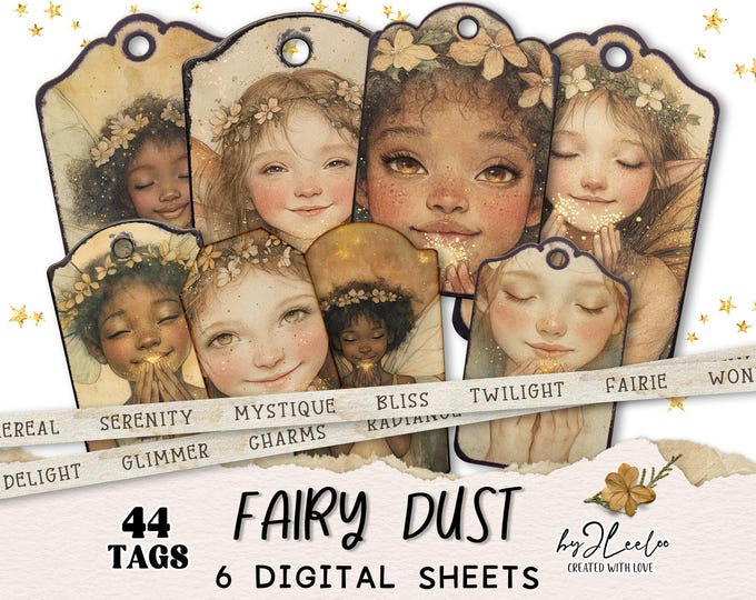 FAIRY DUST tags vintage printable | magic dust for junk journal scrapbook diary | supplies ephemera elves forest nature digital CU | tl304