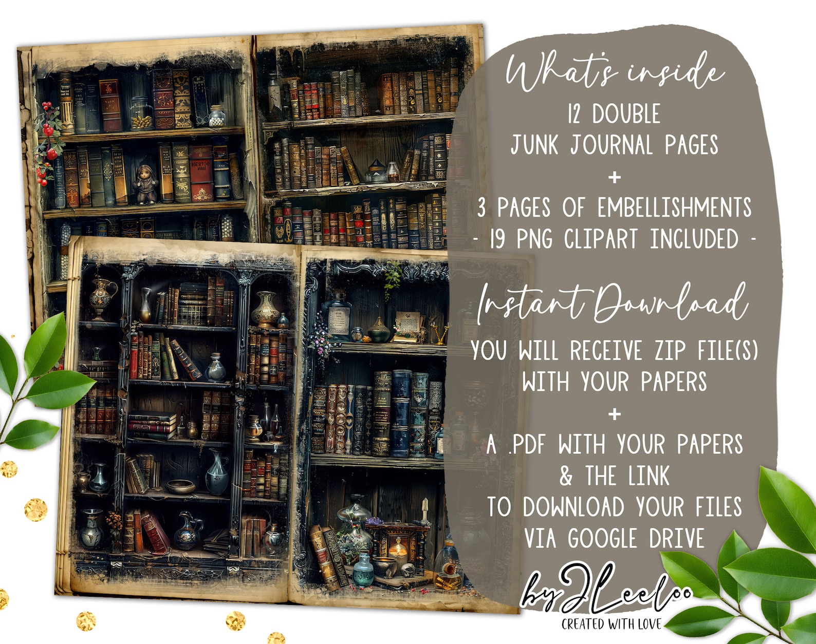 DARK BOOKCASE Junk Journal Printable | Blank Half Pages Tags Mixed ...