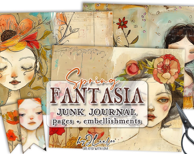 SPRING FANTASIA junk journal printable | Hand-drawn mixed media girl half pages ephemera | Vintage pages crafting collage diary | pp794