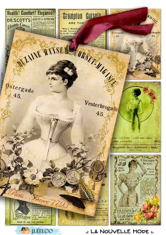 LA NOUVELLE MODE atc aceo size corset paper Digital collage sheet french market poster jewelry holder hang tags scrapbook ac166