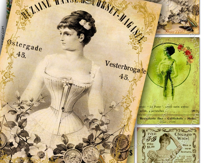 LA NOUVELLE MODE atc aceo size corset paper Digital collage sheet french market poster jewelry holder hang tags scrapbook ac166
