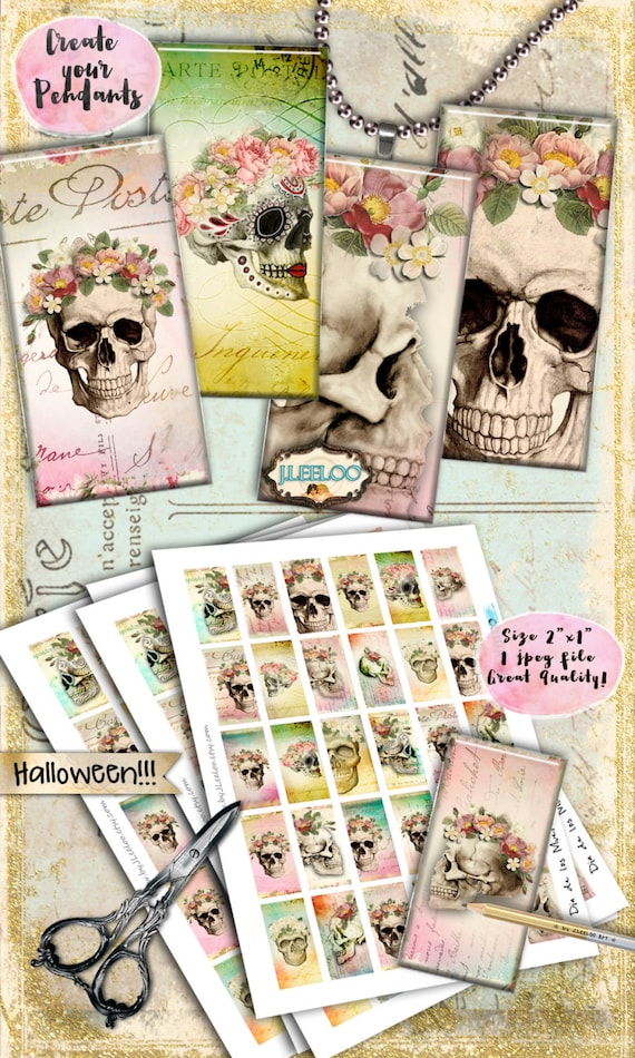 DIA De LOS MUERTOS printable 2x1 inch domino goth scary resin pendant halloween skulls instant download digital collage sheet do160