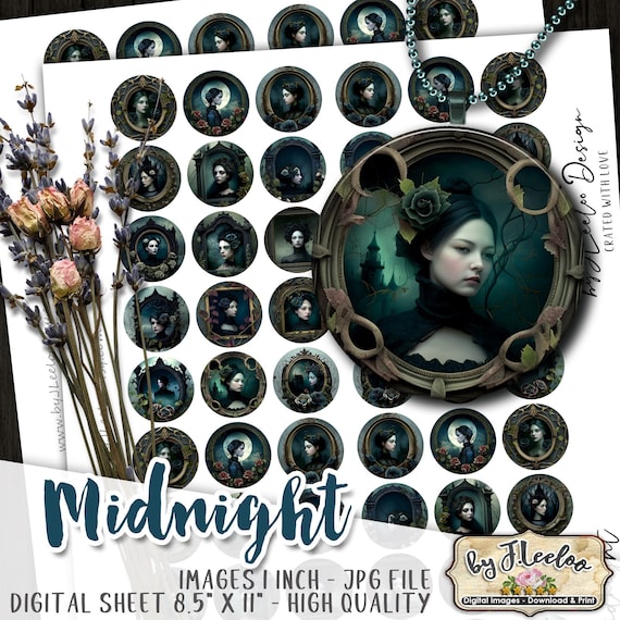 MIDNIGHT 1 inch gothic round | printable dark woman sheet digital images | melanconic victorian flower vintage | instant download tn647