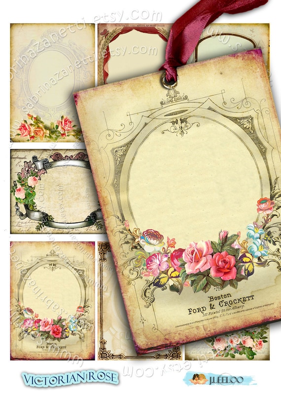VICTORIAN ROSE printable vintage greeting writable gift background Digital collage sheet framed shabby card labels journaling- ac228
