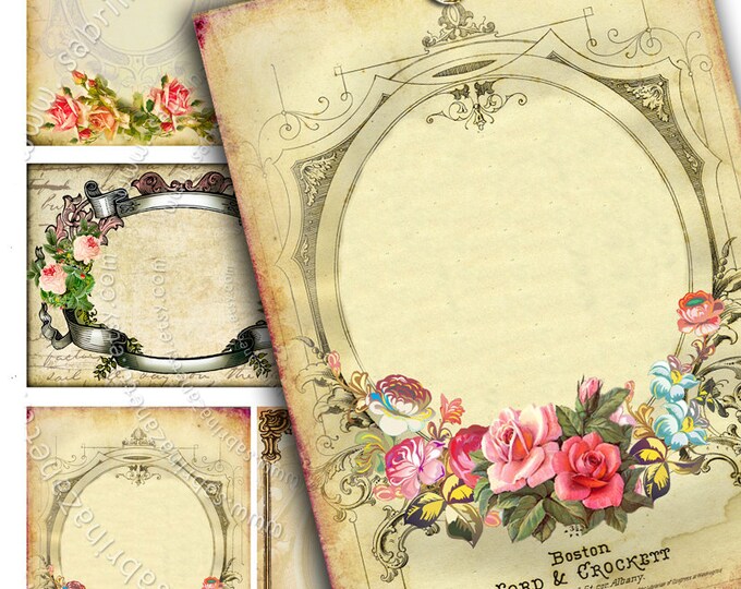 VICTORIAN ROSE printable vintage greeting writable gift background Digital collage sheet framed shabby card labels journaling- ac228
