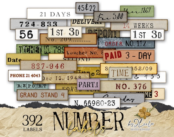 NUMBER LABELS text label printable word | grungy masculine vintage ephemera junk journal | scrapbook diary instant download | tl292