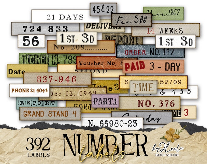 NUMBER LABELS text label printable word | grungy masculine vintage ephemera junk journal | scrapbook diary instant download | tl292