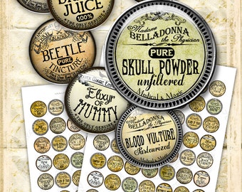 May include: A set of vintage-style apothecary labels with a Halloween theme. The labels feature illustrations of skulls, eyeballs, and other spooky imagery. The labels are printed on a white background with black text and are perfect for adding a touch of Halloween charm to your home decor.