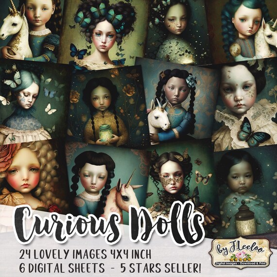 CURIOUS DOLLS 4x4 printable Junk Journal supplies | Digital ephemeral Collage paper | Mixed Media Package Kit | DiY cards vintage | qu554