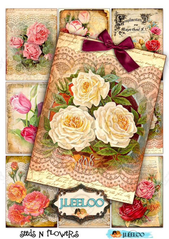 SEED N FLOWERS 印刷可能 atc aceo デジタルコラージュシート バラ