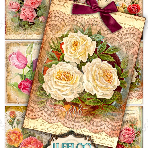 SEED N FLOWERS printable atc aceo Digital collage sheet roses vintage instant download paper goods flower background vintage ac273