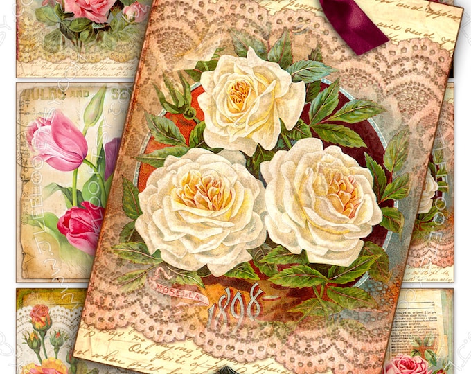 SEED N FLOWERS printable atc aceo Digital collage sheet roses vintage instant download paper goods flower background vintage ac273