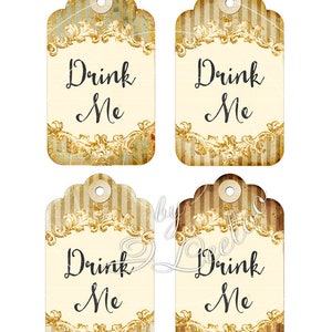 May include: Four printable gift tags with a vintage, distressed look. Each tag features a gold ornate frame with the text "Drink Me" in black script on a cream background. The tags have a striped pattern in brown and cream.