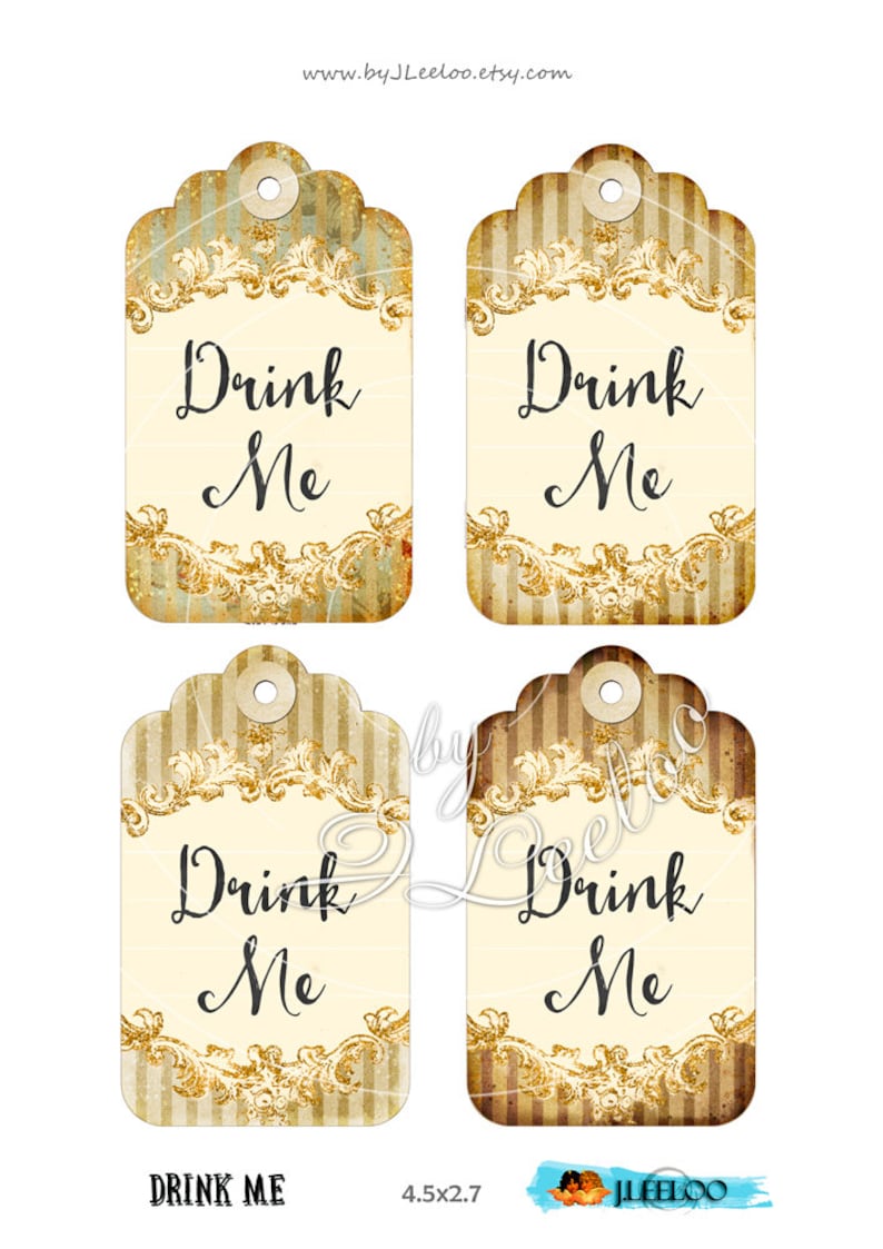 May include: Four printable gift tags with a vintage, distressed look. Each tag features a gold ornate frame with the text "Drink Me" in black script on a cream background. The tags have a striped pattern in brown and cream.
