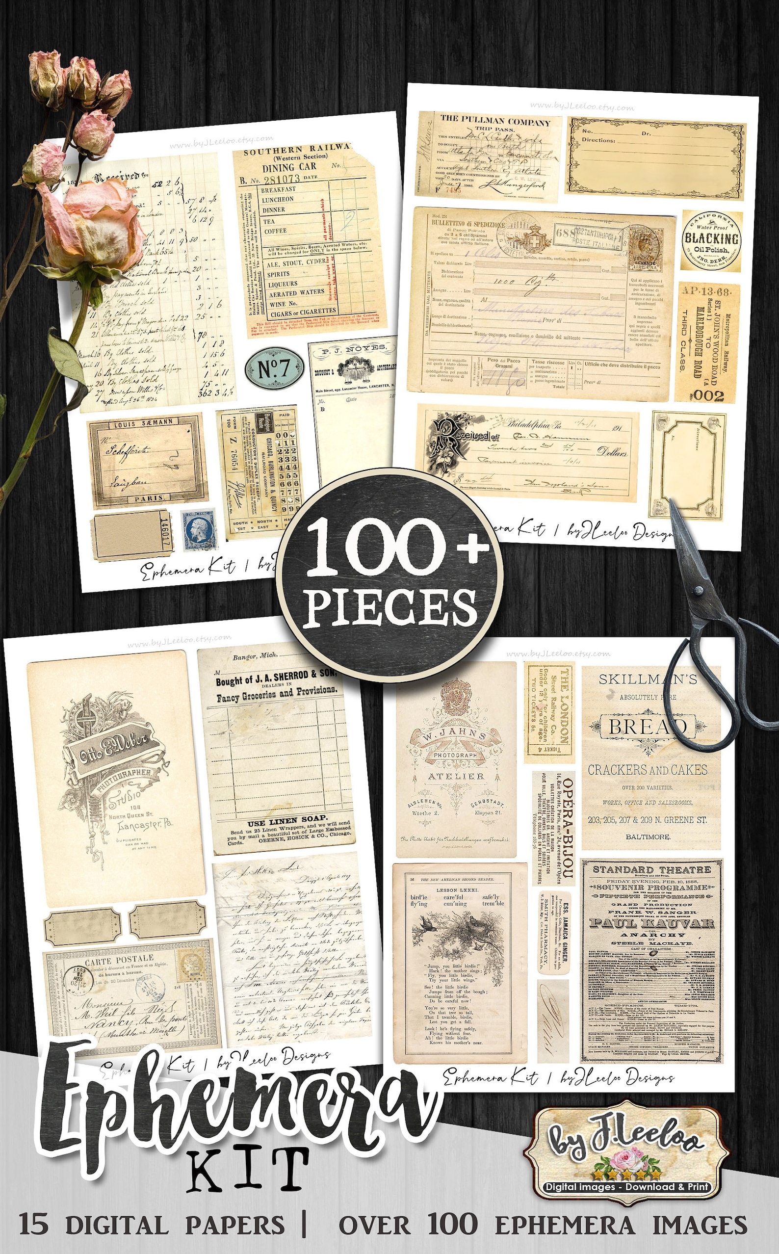 EPHEMERA KIT Scrapbook Paper Junk Journal Digi Kit Digital Junk Tags ...
