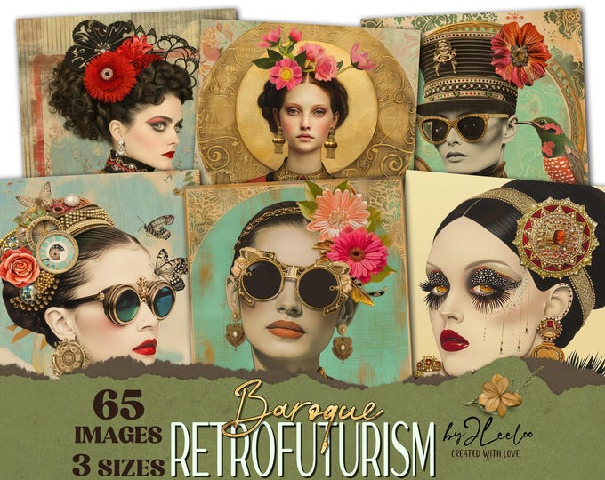 BAROQUE RETROFUTURISM 65 large images 3 sizes | Printable woman vintage eclectic Fashion junk journal | Digital art Commercial Use | cp035