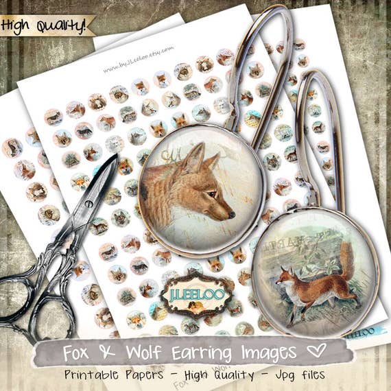 FOX AND WOLF Digital printable 12 16 18 20mm circle sheets vintage earring ring size ephemera images for jewelry download print tn537