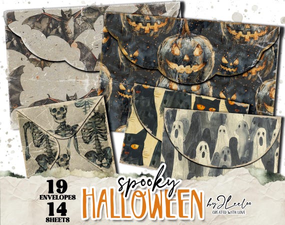 HALLOWEEN ENVELOPES vintage scary postcard | junk journal printable diy collage collection painted background digital commercial use | pp852