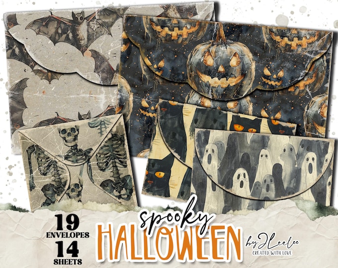 HALLOWEEN ENVELOPES vintage scary postcard | junk journal printable diy collage collection painted background digital commercial use | pp852