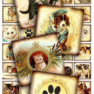Digital collage CATS AND DOG 1.5x1.5 square animal lovers for pendant jewelry hang tags magnets scrapbook instant download print qu233