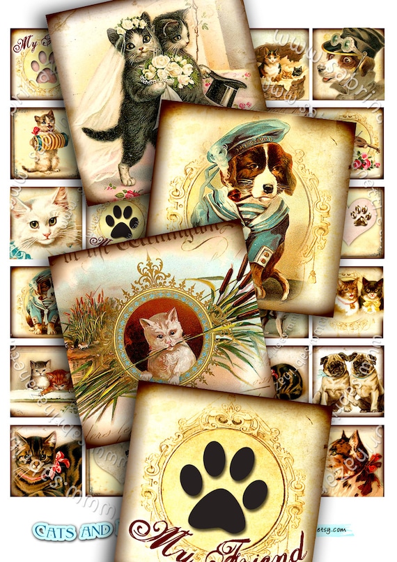 Digital collage CATS AND DOG 1.5x1.5 square animal lovers for pendant jewelry hang tags magnets scrapbook instant download print qu233