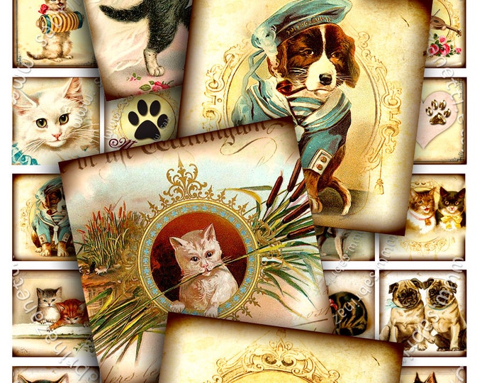 Digital collage CATS AND DOG 1.5x1.5 square animal lovers for pendant jewelry hang tags magnets scrapbook instant download print qu233