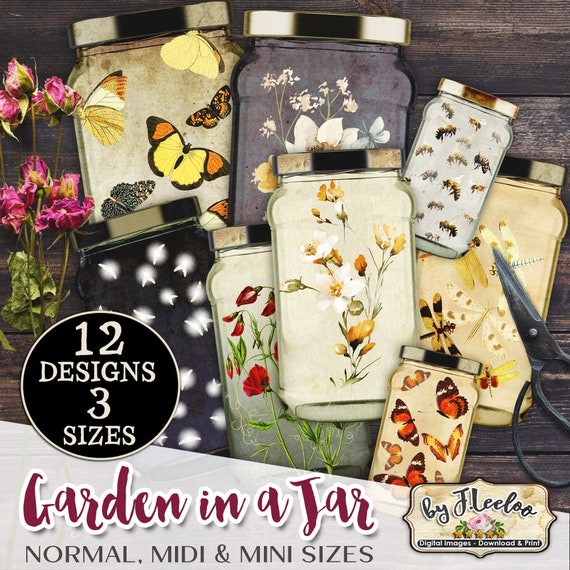GARDEN IN A JAR printable botanical Mason jar ephemera fussy cut digital supplies tag vintage junk journal kit - cl134
