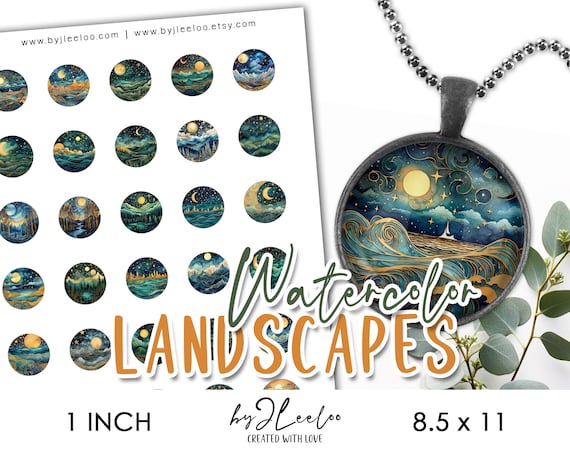 WATERCOLOR LANDSCAPE 1 inch circle printable for bottle cap sticker pendant pin badge magnet coaster | graphic digital collage sheet | tn722