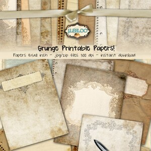 May include: A set of 10 printable digital papers with a grunge aesthetic. The papers feature various textures and designs, including lined paper, graph paper, and decorative borders. The papers are 8.5 inches by 11 inches and are 300 dpi.
