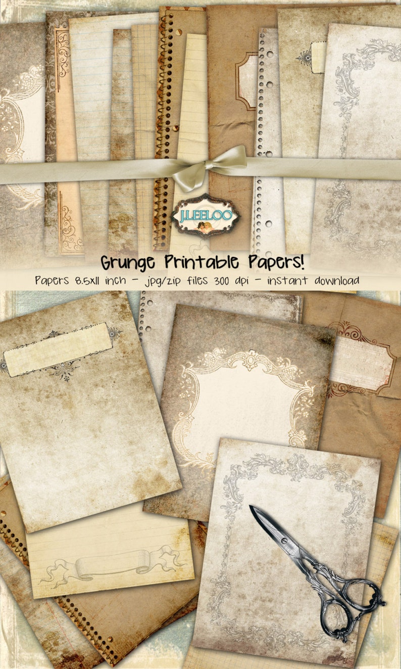 May include: A set of 10 printable digital papers with a grunge aesthetic. The papers feature various textures and designs, including lined paper, graph paper, and decorative borders. The papers are 8.5 inches by 11 inches and are 300 dpi.