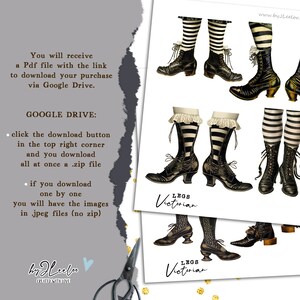 May include: A digital download of three sets of Victorian-style legs with black and white striped stockings and black shoes. The text "Legs Victorian" is printed on each set of legs.