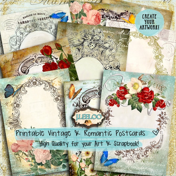 FRENCH POSTCARD 9 background 5x7 inch Digital collage sheet shabby frames victorian greeting cards instant download printable pp356