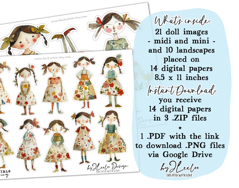 SPRING GIRLS paper doll printable kit junk journal cut off Paper Dolls journaling supplies Collage fussy cut doll digital pp695 image 3