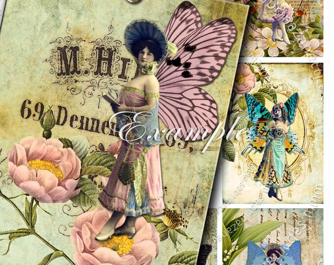 SECRET FLIGHT atc aceo size fairies elves garden digital collage sheet postcard hang tags vintage jewelry holder paper goods ac207