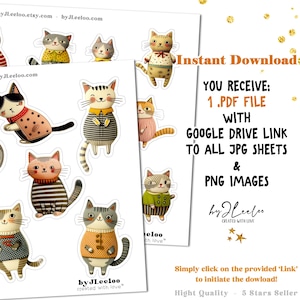 Op de afbeelding: Een vel kattenstickers met verschillende ontwerpen, waaronder katten in truien en gestreepte shirts. De tekst "Direct downloaden" en informatie over de digitale bestanden zijn ook zichtbaar.