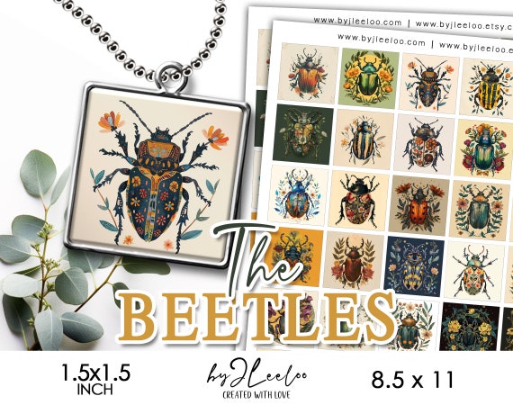 THE BEETLES 1.5x1.5 inch printable illustration | supplies square pendants, sticker, brooche, pin, insectology journal, digital | qu605