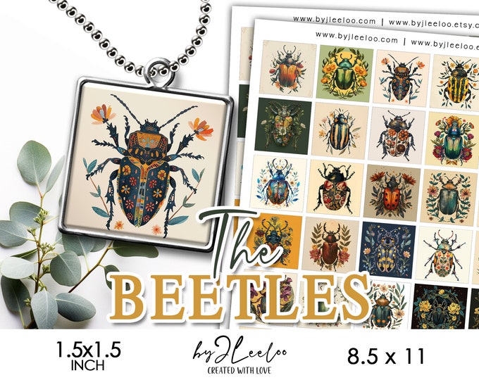 THE BEETLES 1.5x1.5 inch printable illustration | supplies square pendants, sticker, brooche, pin, insectology journal, digital | qu605