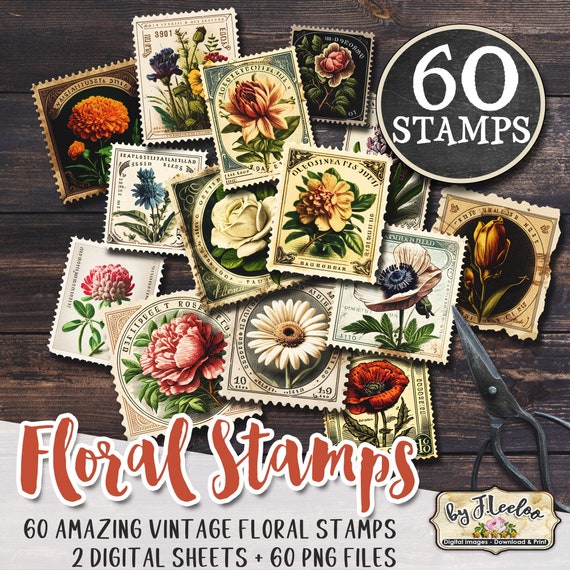 Fake FLORAL STAMPS postage Png printable | Junk Journal flower supplies  | Botanical vintage ephemera instant download collage | cl138
