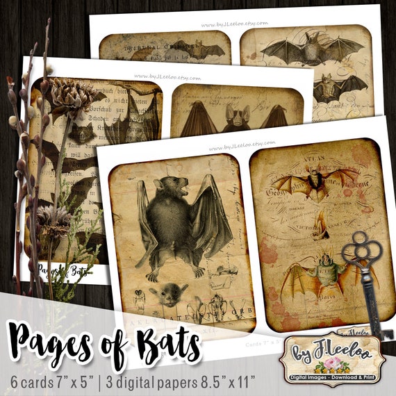 PAGES of BATS cards 5x7 inch gothic steampunk junk journal craft art diary scrapbook Digital collage sheet instant download printable pp526